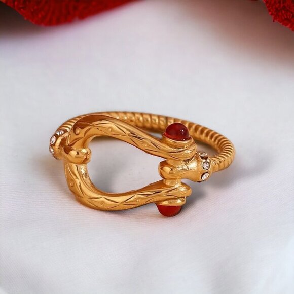 NWT Buckle Ring Sz.8 18K Gold Plated Red Zircon CZ Detail Boho Western - Picture 3 of 10